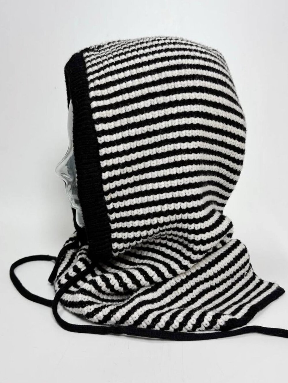 Black White Striped Hooded Knit Scarf Balaclava Hood Winter Y2K Cozy Accessory
